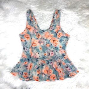 Lush orange blue floral sheer top summer size M
